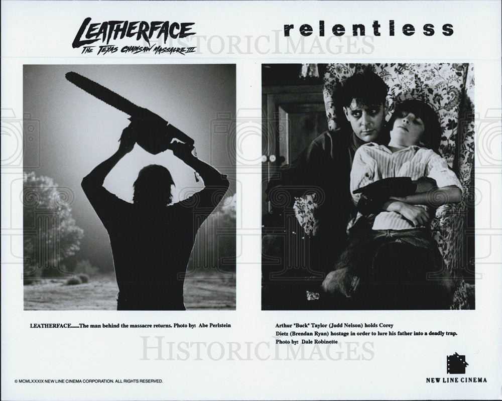 1989 Press Photo Leatherface & Judd Nelson & Brendan Ryan in "Relentless" - Historic Images