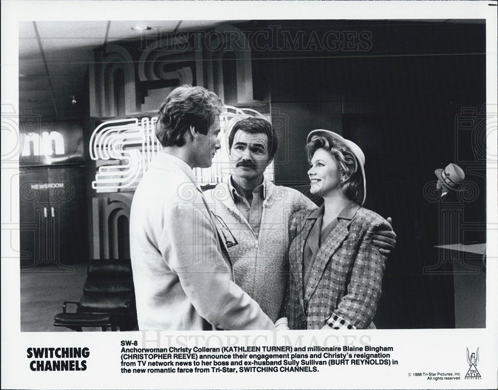 1988 Press Photo Kathleen Turner, Burt Reynolds &amp; Christopher Reeve - Historic Images