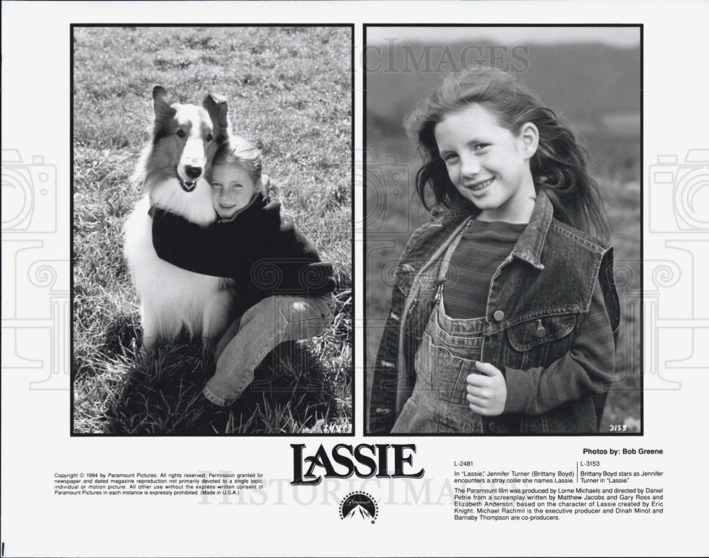 1994 Press Photo &quot;Lassie&quot; Brittany Boyd Meets Stray Collie Paramount Pictures - Historic Images