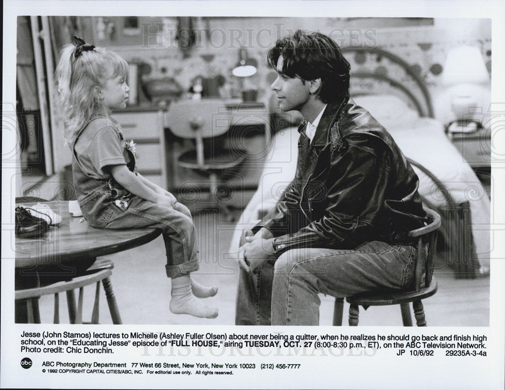 1992 Press Photo Full House Series Ashley Olsen John Stamos Educating Jesse - Historic Images