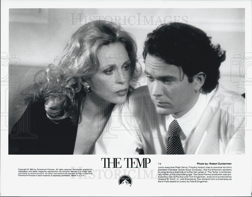 1993 Press Photo Timothy Hutton and Faye Dunaway star in "The Temp" - Historic Images