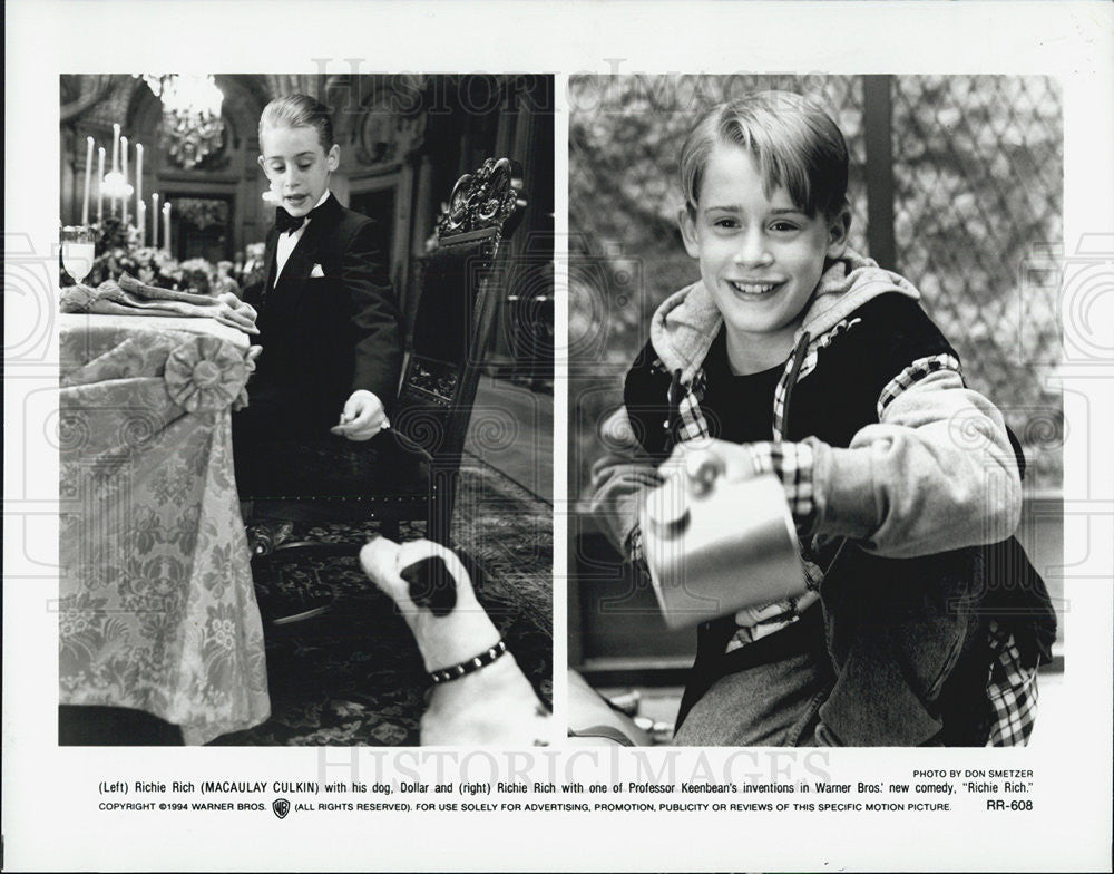 1994 Press Photo Macaulay Culkin &amp; Dog Dollar star in &quot;Richie Rich&quot; - Historic Images