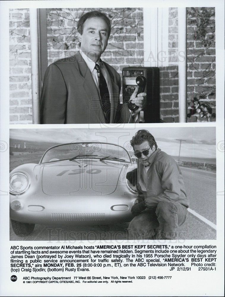 1991 Press Photo Sports Commentator Al Michaels And Actor Joey Watson - Historic Images