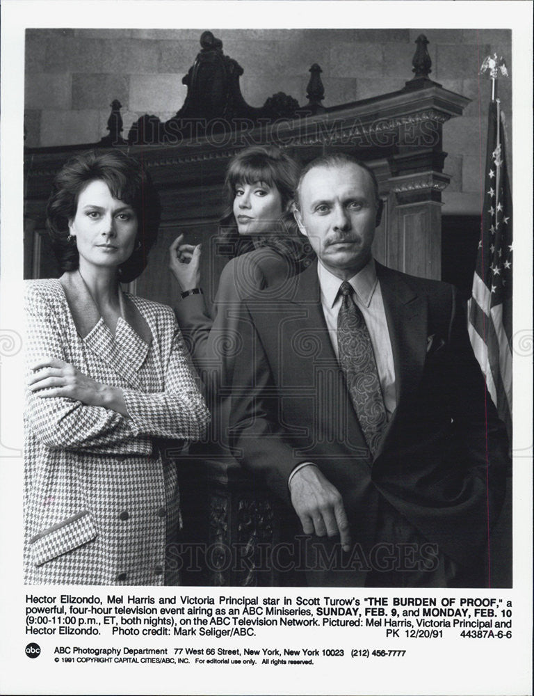 1991 Press Photo The Burden of Proof Hector Elizondo Mel Harris Victoria - Historic Images