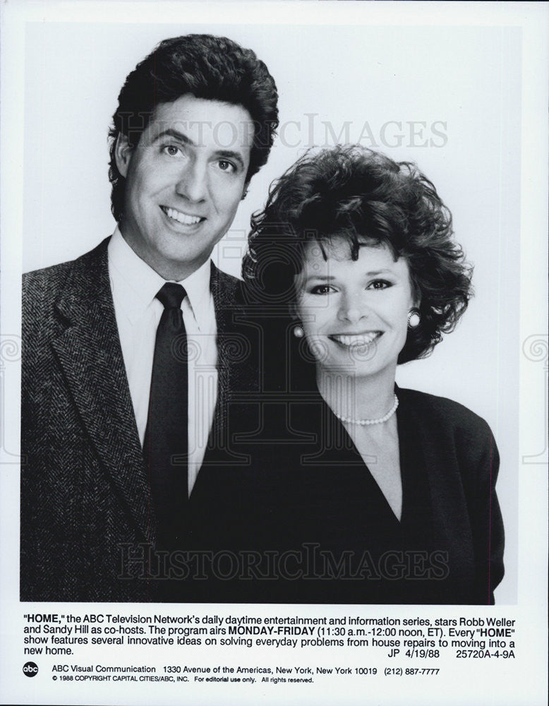 1988 Press Photo Television Co-Hosts Robb Weller And Sandy Hill, ABC &quot;Home&quot; - Historic Images