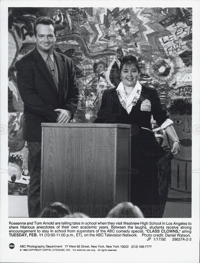 1992 Press Photo Actors Roseanne Barr And Tom Arnold In ABC &quot;Class Clowns&quot; - Historic Images