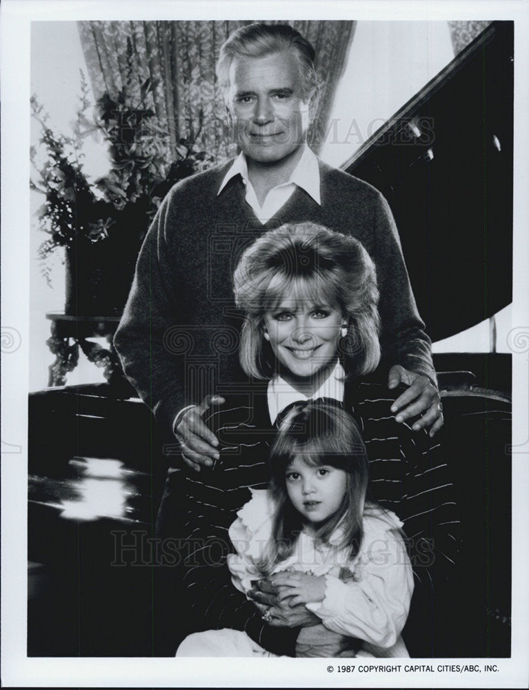 1987 Press Photo John Forsythe,Linda Evans,Jessica Player on &quot;Dynasty&quot; - Historic Images