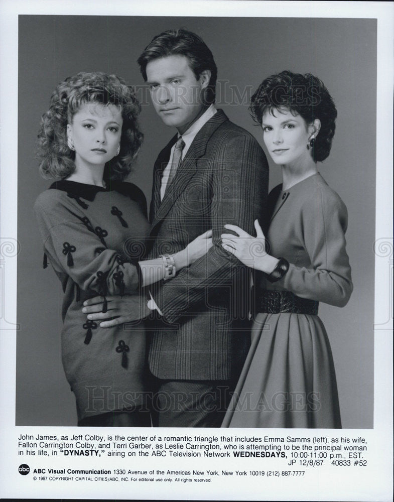 1987 Press Photo John James,Emma Samms,Terri Garber on  &quot;Dynasty&quot; - Historic Images