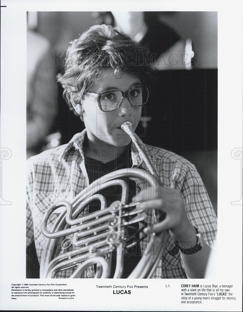 1986 Press Photo Actor Corey Haim Film &quot;Lucas&quot; French Horn - Historic Images