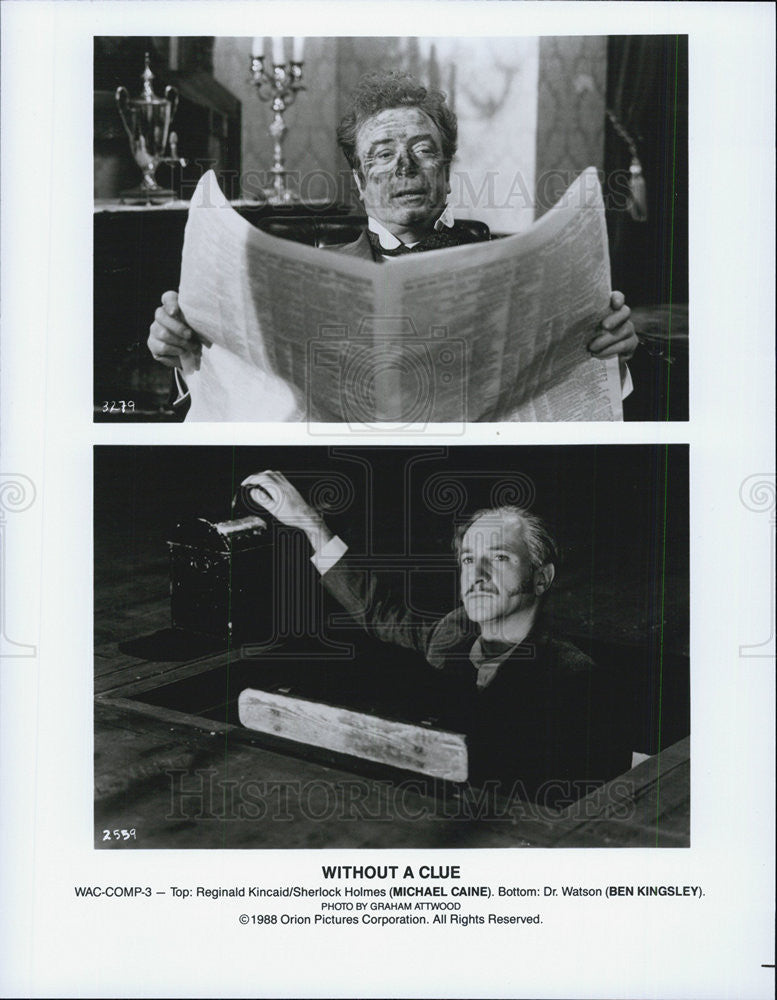 1988 Press Photo Michael Caine and Ben Kingsley star in &quot;Without a Clue.&quot; - Historic Images