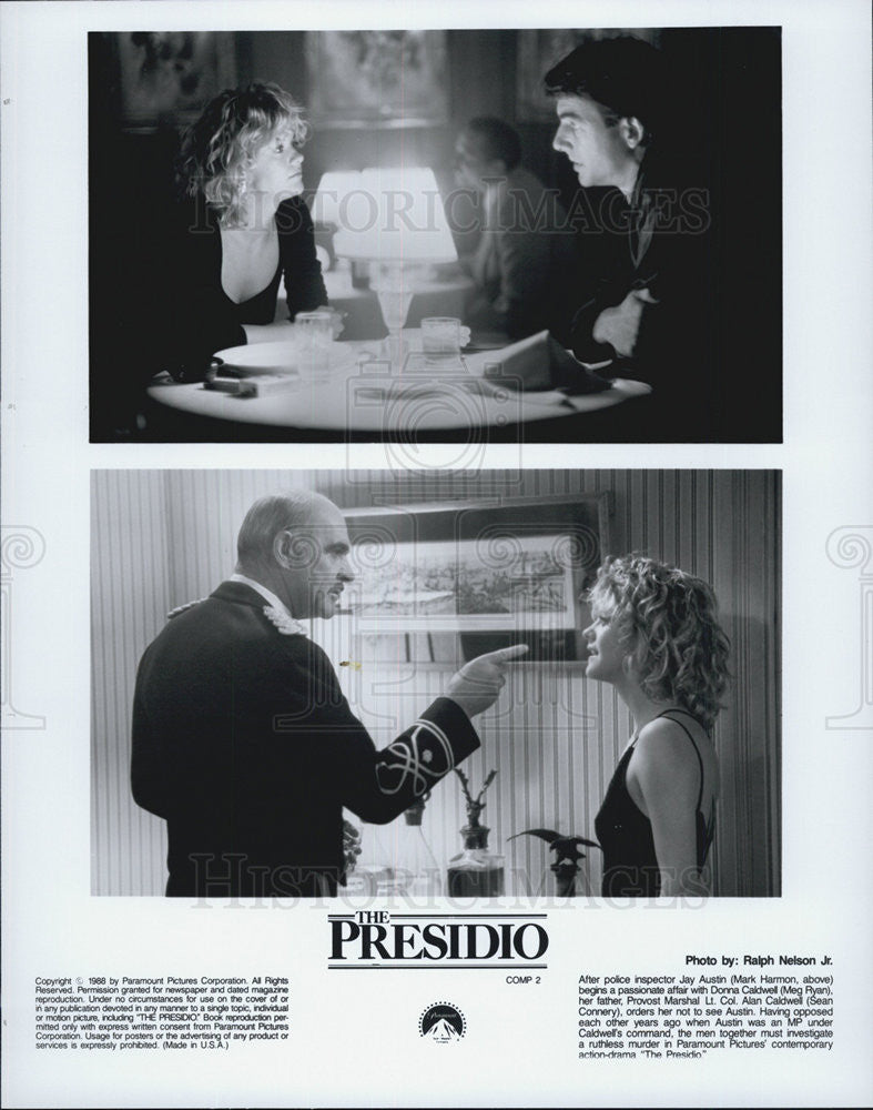 1988 Press Photo Mark Harmon, Meg Ryan &amp; Sean Connery of &quot;The Presidio&quot; - Historic Images