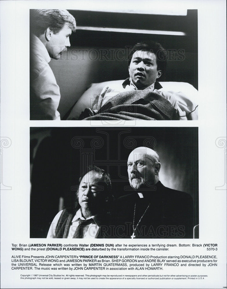 1987 Press Photo Jameson Parker Dennis Dun Victor Wong Donald Pleasence Prince - Historic Images