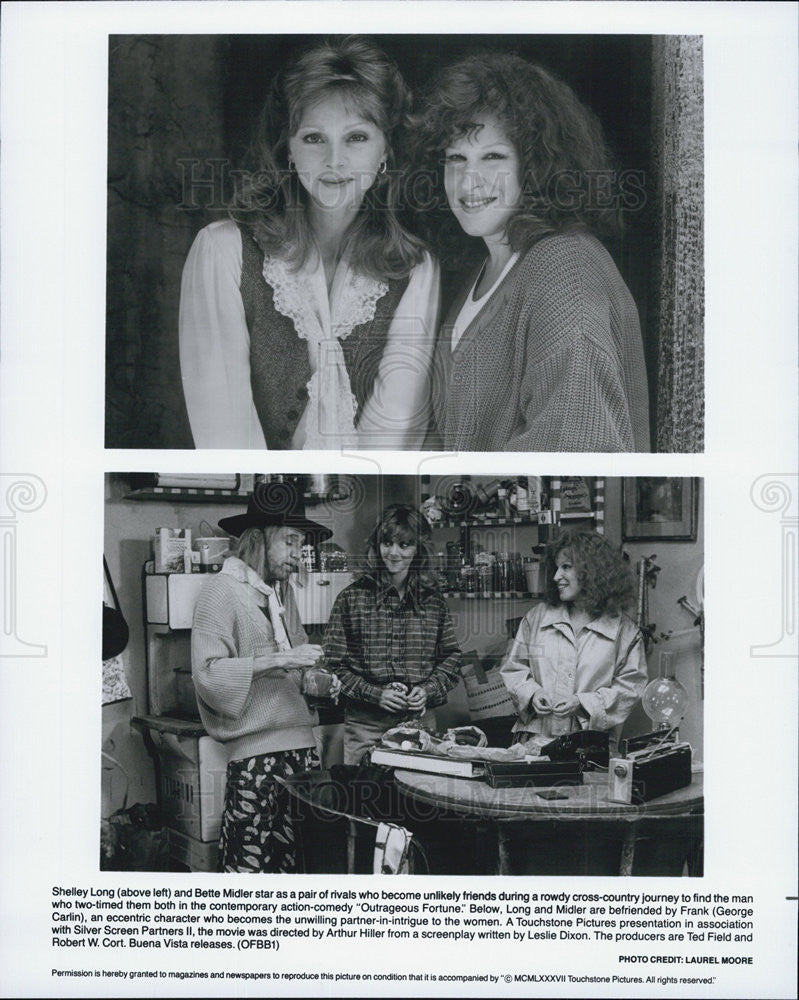 1987 Press Photo Shelley Long &amp; Bette Midler in &quot;Outrageous Fortune&quot; - Historic Images