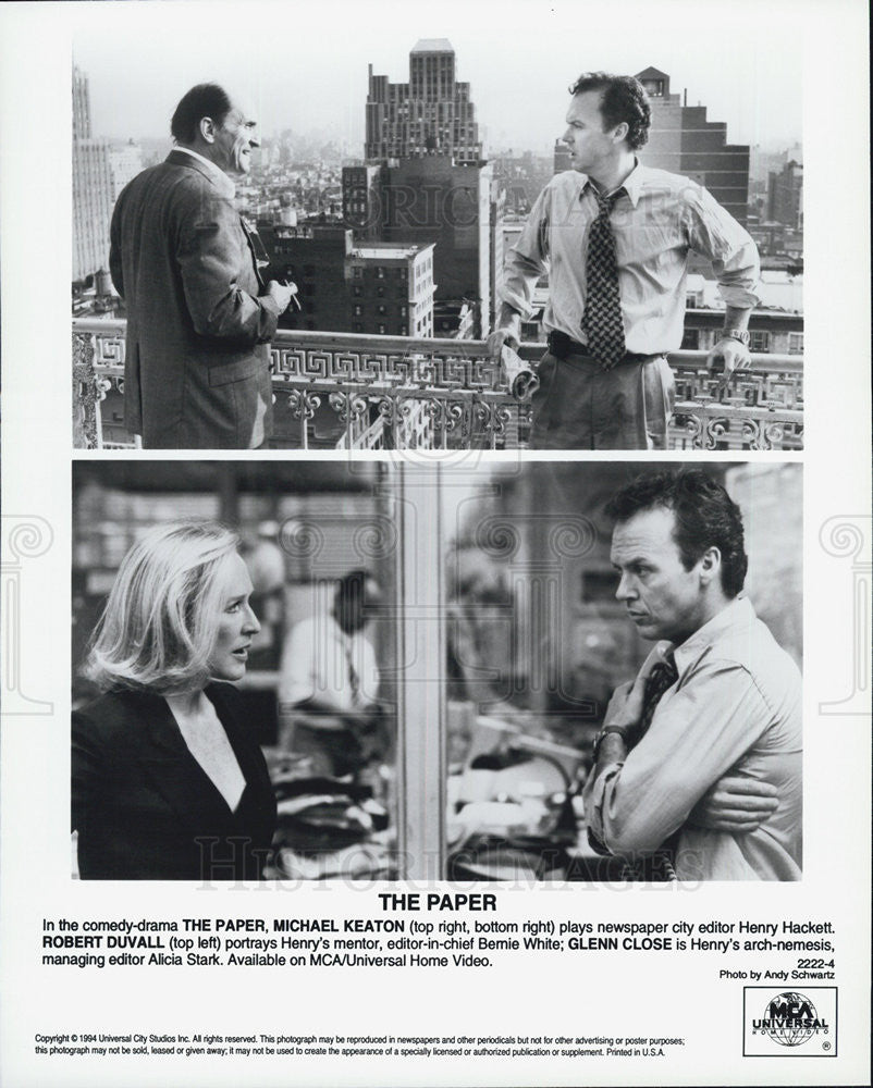 1994 Press Photo Actors Michael Keaton, Robert Duvall, Glenn Close &quot;The Paper&quot; - Historic Images