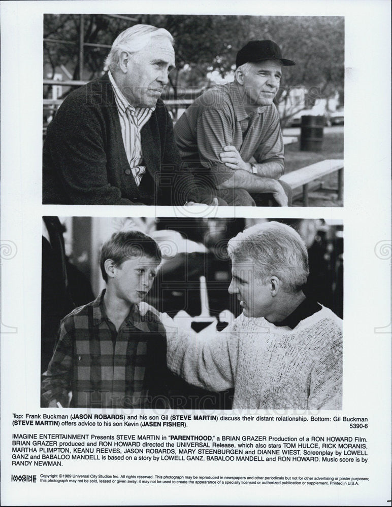 1989 Press Photo Actors Jason Robards, Steve Martin, Jasen Fisher, "Parenthood" - Historic Images
