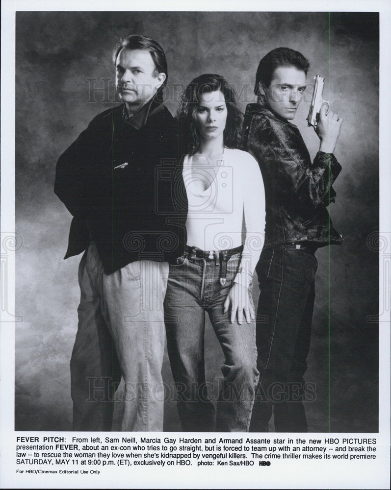 1989 Press Photo Sam Neill,Marcia Gay Harden,Armand Assante in &quot;Fever&quot; - Historic Images