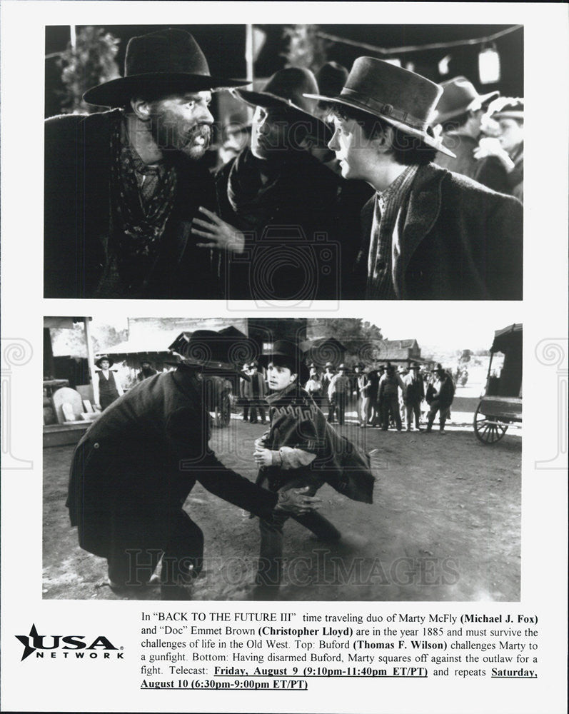 1990 Press Photo Actors Michael J. Fox, Christopher Lloyd And Thomas F. Wilson - Historic Images