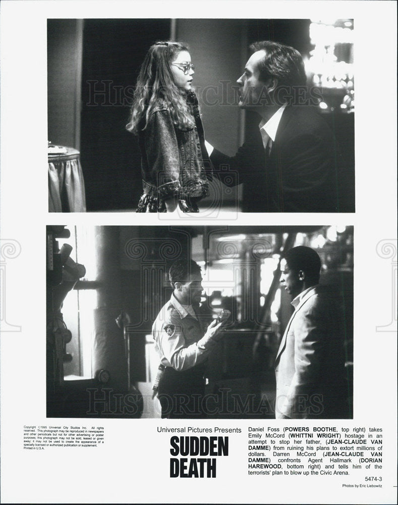 1995 Press Photo "Sudden Death"Powers Booth,Whittni Wright,Jean Claude Van Damme - Historic Images