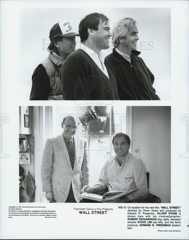 1987 Press Photo Wall Street movie Oliver Stone Robert Richardon Steve Lim - Historic Images