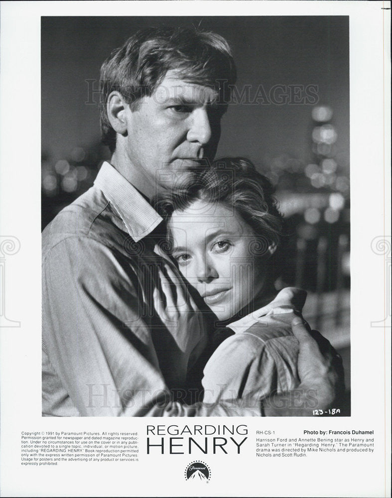 1991 Press Photo of Harrison Ford and Annette Bening in &quot;Regarding Henry&quot; - Historic Images