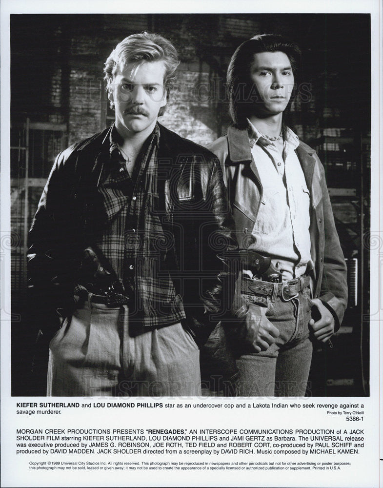 1989 Press Photo Actors Kiefer Sutherland And Lou Diamond Phillips "Renegades" - Historic Images