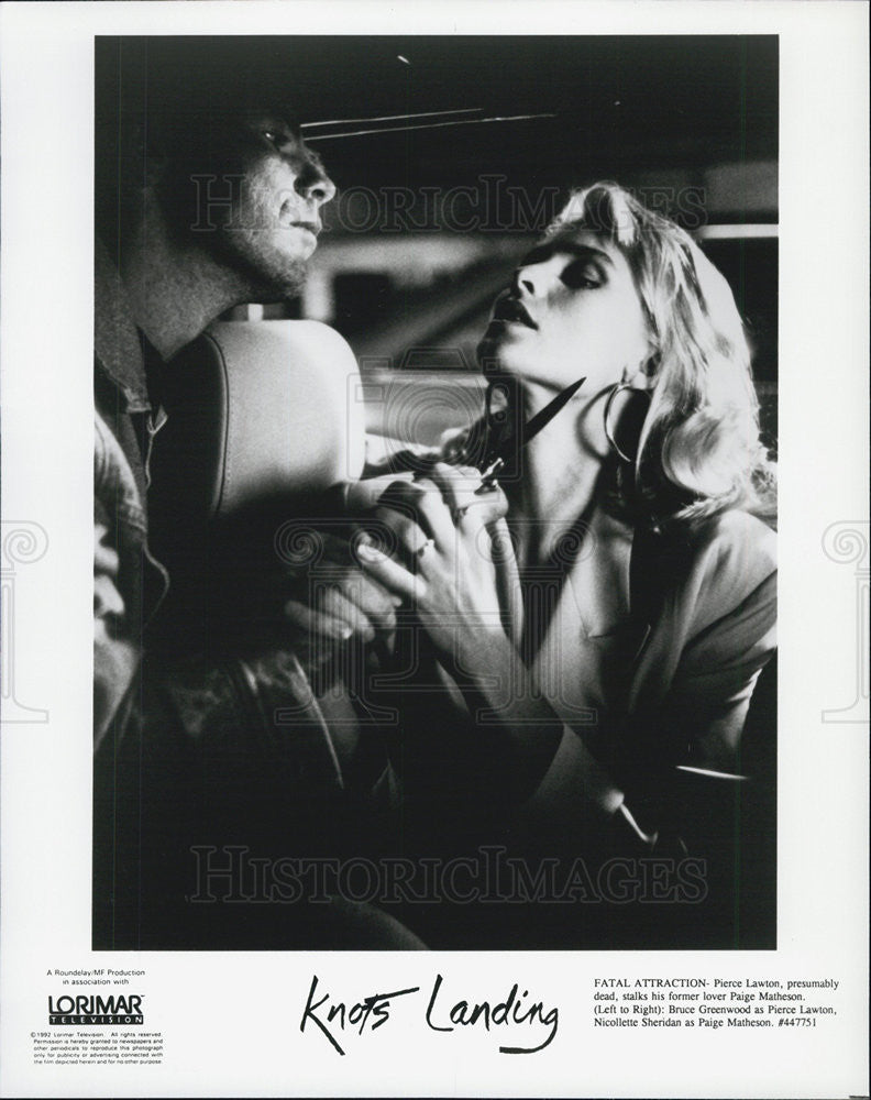 1992 Press Photo Actors Bruce Greenwood And Nicollette Sheridan &quot;Knots Landing&quot; - Historic Images