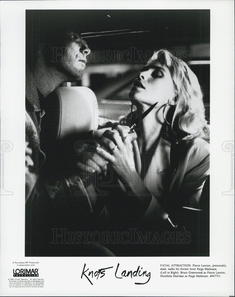 1992 Press Photo Actors Bruce Greenwood And Nicollette Sheridan "Knots Landing" - Historic Images