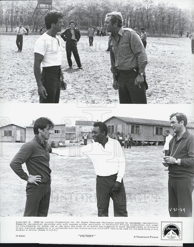 1980 Press Photo of Sylvester Stallone &amp; Michael Caine in film &quot;Victory&quot; - Historic Images