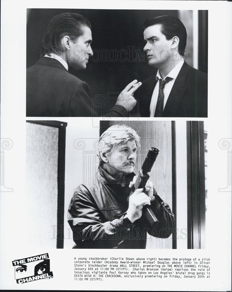 1987 Press Photo Charlie Sheen &amp; Michael Douglas in &quot;Wall Street&quot; - Historic Images