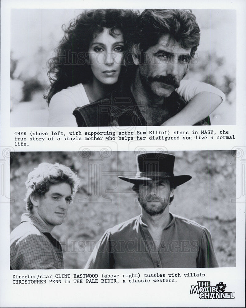 1985 Press Photo Clint eastwood in "Pale Rider" Cher & Sam Elliott in "Mask" - Historic Images