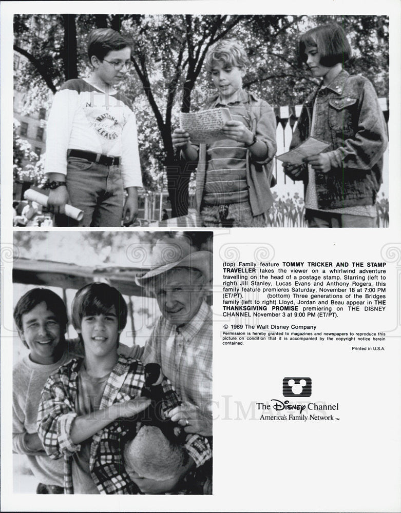 1989 Press Photo Tommy Tricker and the Stamp Traveller Jill Stanley Lucas Evans - Historic Images