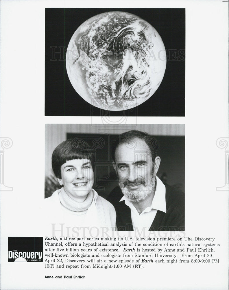 1996 Press Photo Ann &amp; Paul Ehrlich host &quot;Earth&quot; on Discover Channel - Historic Images