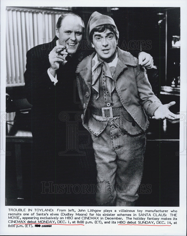 1985 Press Photo Dudley Moore &amp; John Lithgow in &quot;Santa Claus:The Movie&quot; - Historic Images