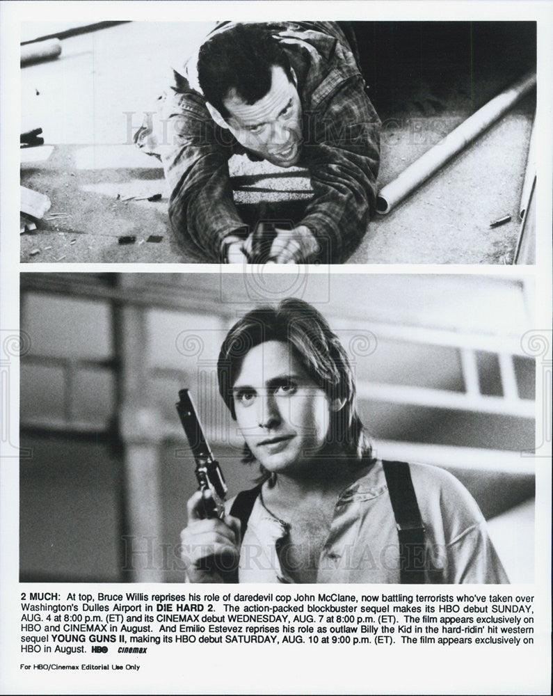 1990 Press Photo Emilio Estevez in &quot;Young Guns II&#39; Bruce Willis in &quot;Die Hard 2&quot; - Historic Images