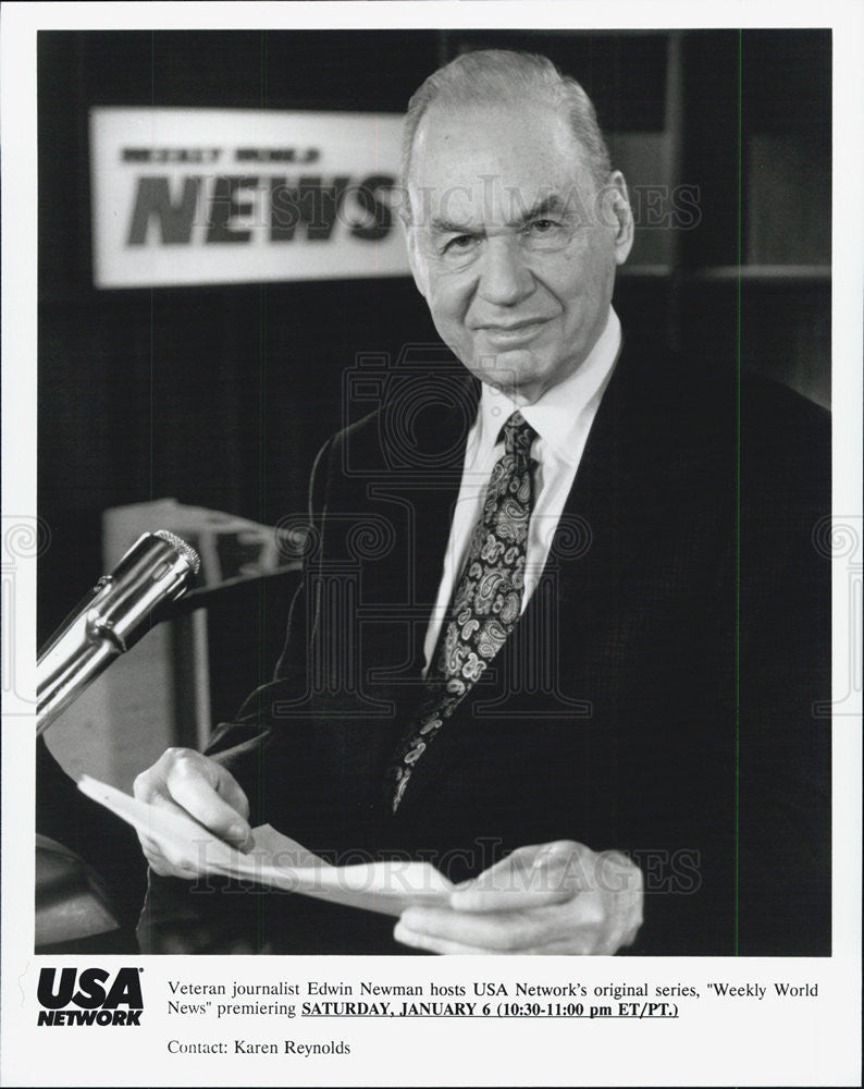 Press Photo Veteran journalist Edwin Newman hosts Weekly World News on USA Netwk - Historic Images