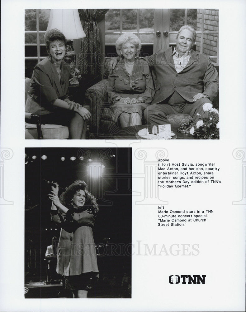 1990 Press Photo Marie Osmond, Mae Axton, Hoyt Aston on TNN. - Historic Images