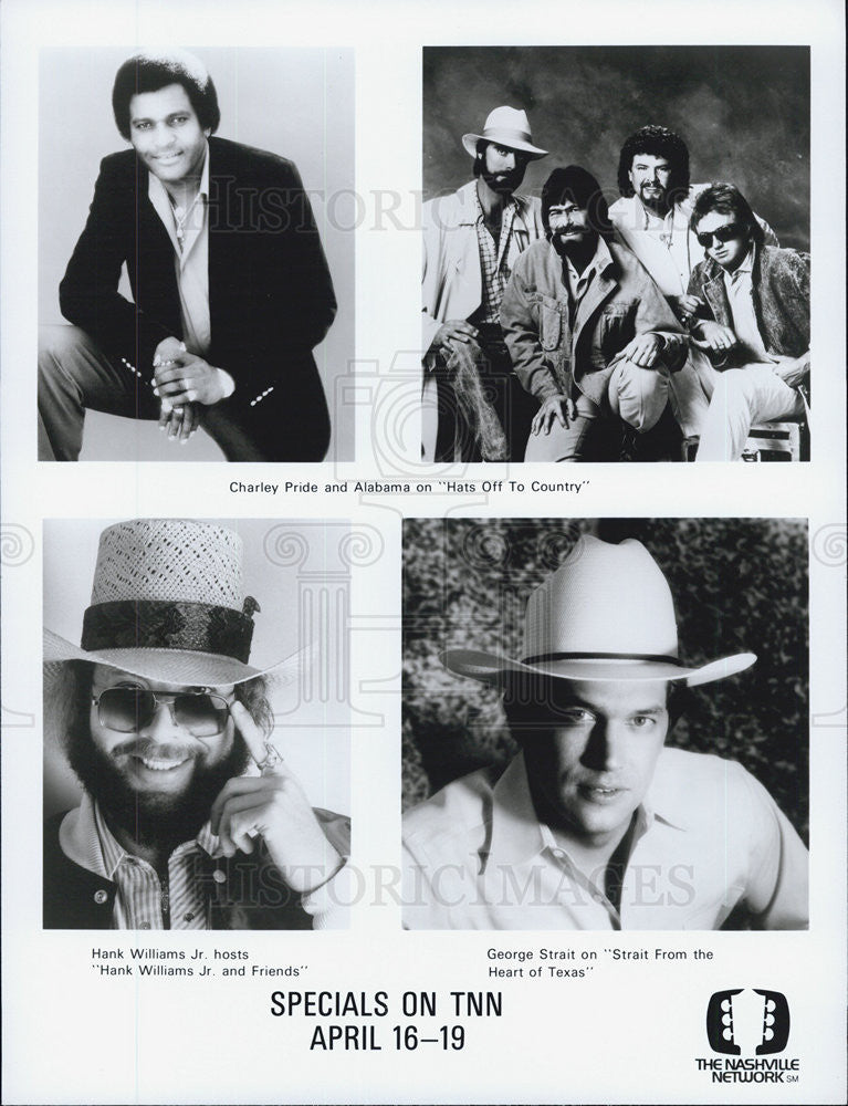 1990 Press Photo Charlie Pride, Alabama, Hank Williams Jr. &amp; George Strait on - Historic Images