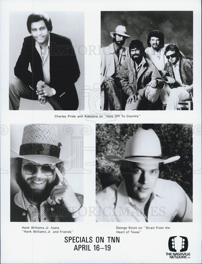 1990 Press Photo Charlie Pride, Alabama, Hank Williams Jr. & George Strait on - Historic Images