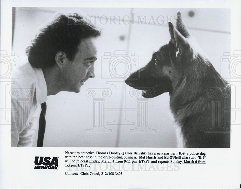 1989 Press Photo James Belushi and K9 his new partner in "K9" - Historic Images