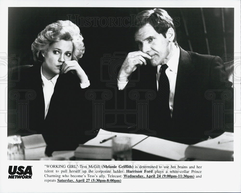 Press Photo Melanie Griffith And Harrison Ford USA Network Premiere Working Girl - Historic Images