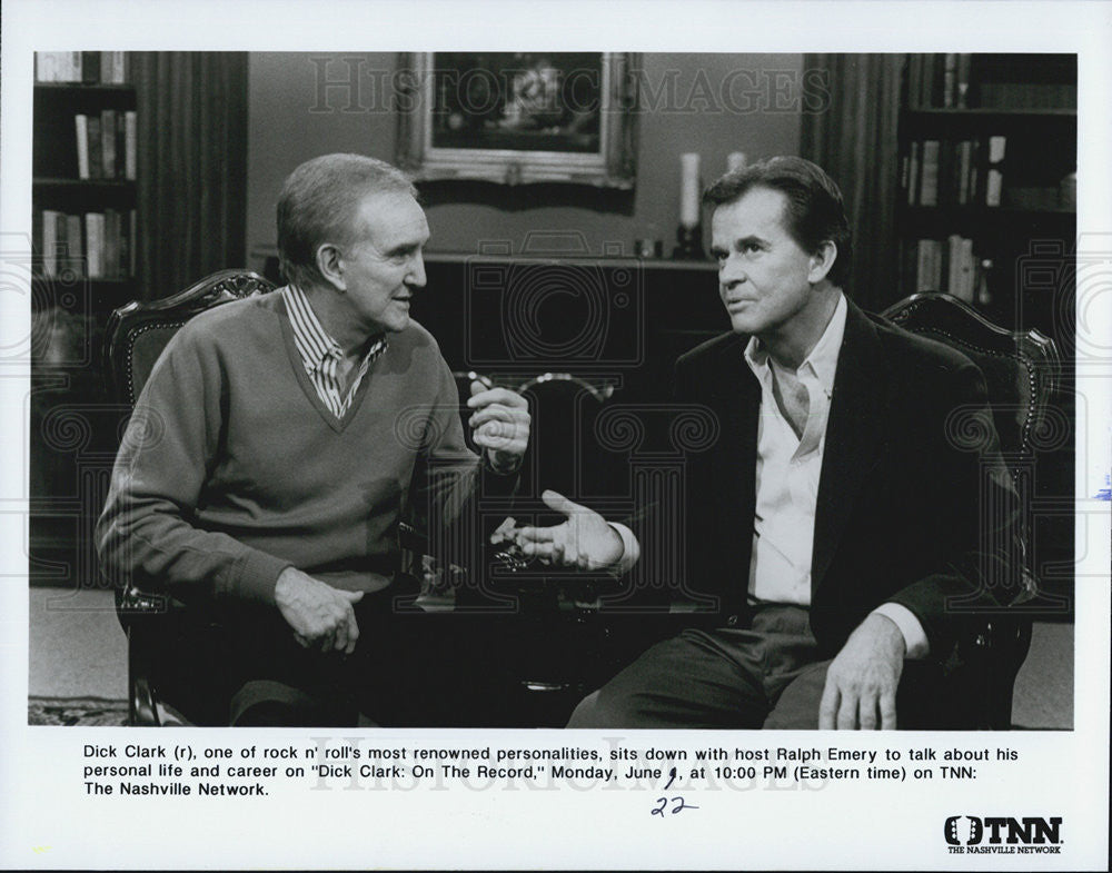 Press Photo Host Ralph Emery Interviews Dick Clark For Dick Clark On The Record - Historic Images