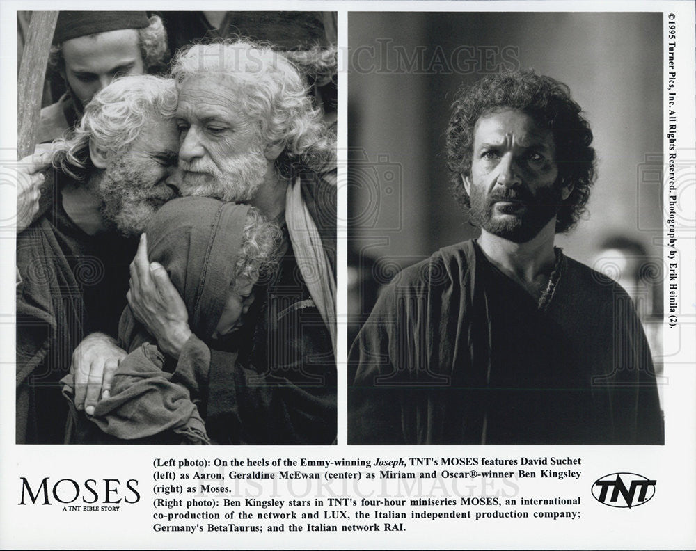 1995 Press Photo David Suchet Actor Geraldine McEwan Ben Kingsley Moses TNT - Historic Images