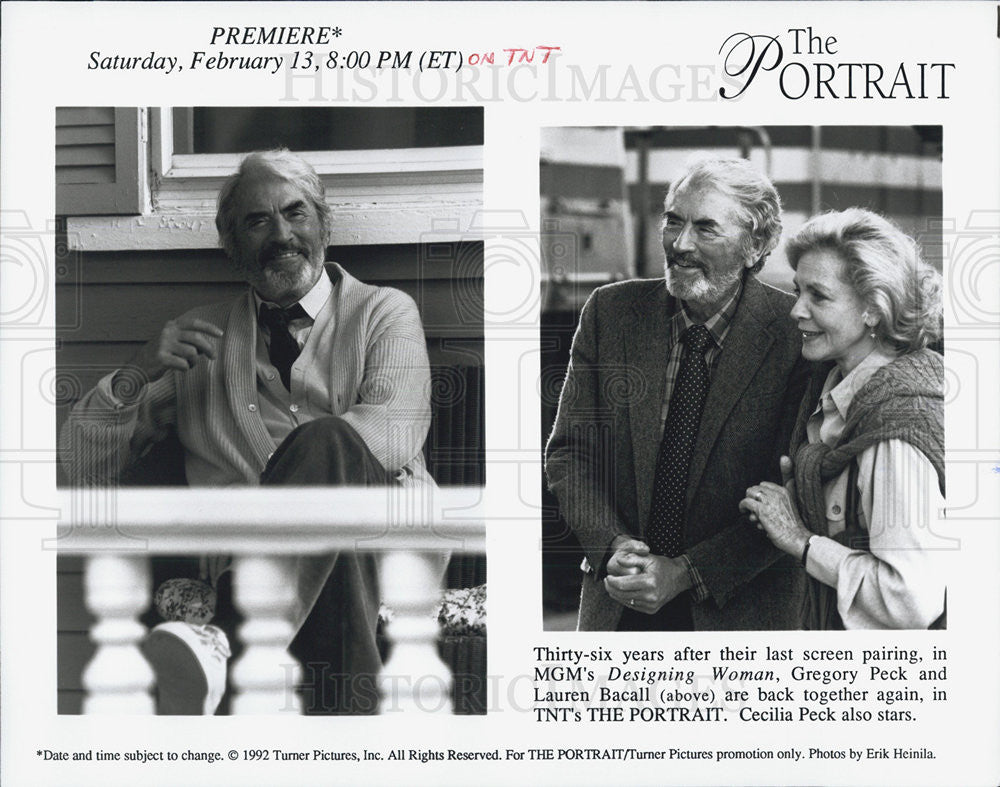 1993 Press Photo  Gregory Peck, Lauren Bacall star in The Portrait" - Historic Images