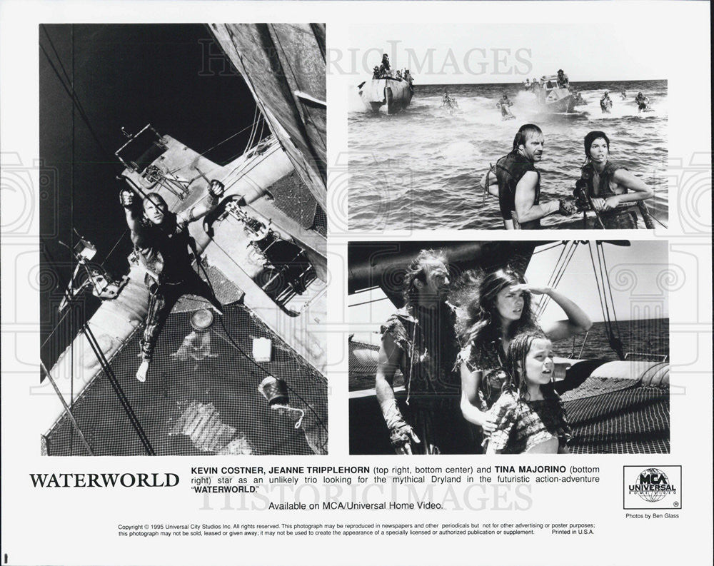 1995 Press Photo &quot;Waterworld&quot;  Kevin Costner Jeanne Tripplehorn Tina Majorino - Historic Images