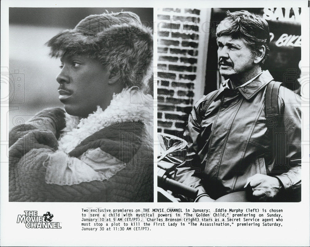 Press Photo Eddie Murphy "Golden Child" Charles Bronson "Assassination" Actors - Historic Images