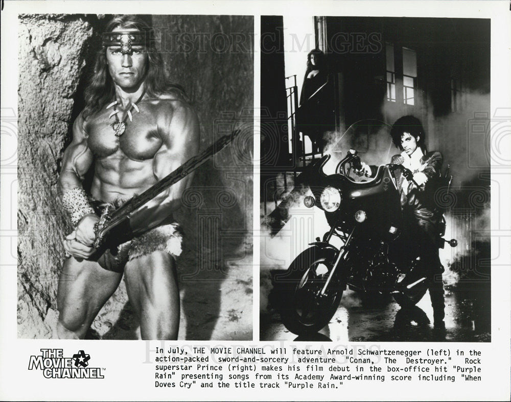 Press Photo Arnold Schwartzenegger in Conan and Prince in Purple Rain - Historic Images