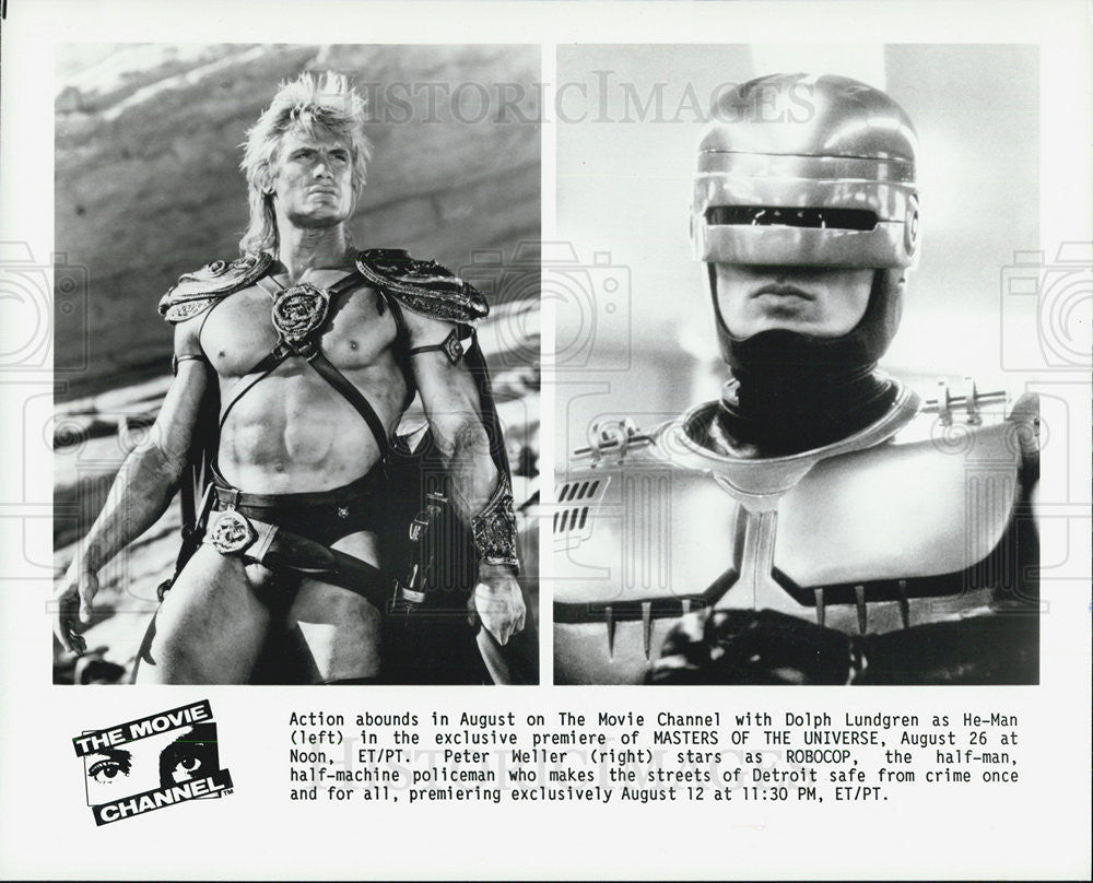 Press Photo Dolph Lundgren as HE Man and Peter Weller as Robocop - Historic Images