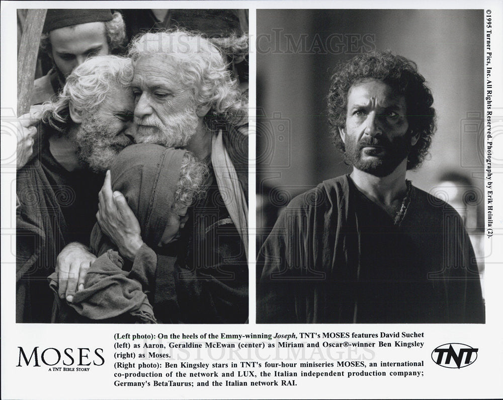 1995 Press Photo David Suchet Geraldine McEwan and Ben Kingsley in Moses - Historic Images