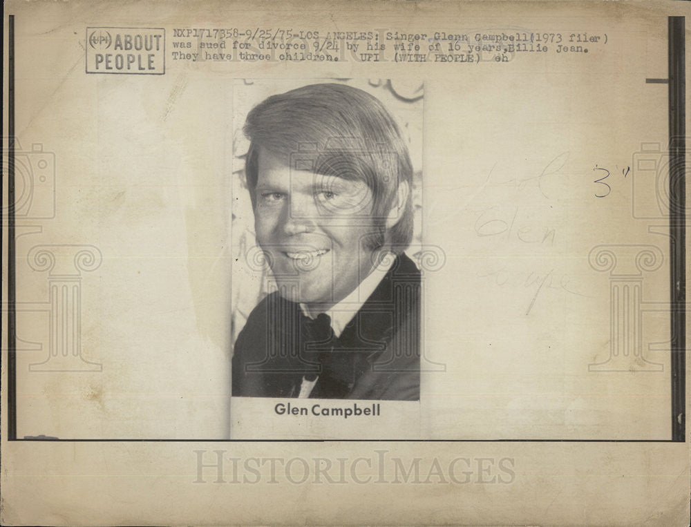 1975 Press Photo Glenn Campbell Singer Sued For Divorce Billie Jean Wife - Historic Images