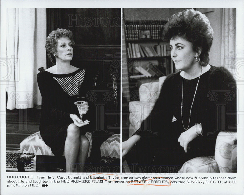Press Photo Elizabeth Taylor And Carol Burnett HBO Premiere Film Between Friends - Historic Images